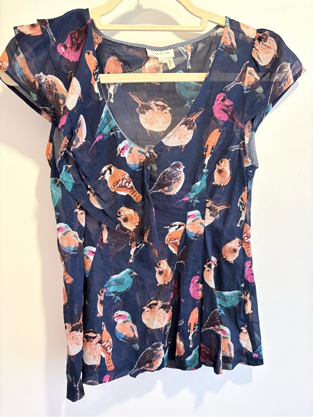Meadow Rue Navy V-Neck Bird Print Blouse